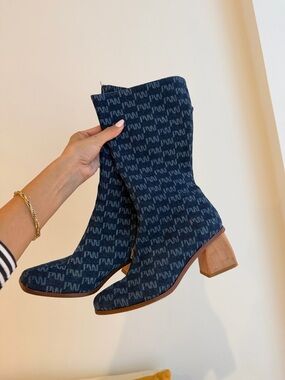 Paloma Wool Navy Patterned Mid-Calf Heeled Boots